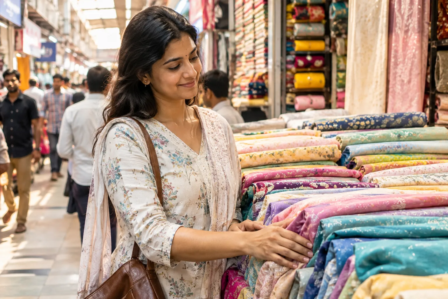 surat textile industry fabric market with stacked saree bolts