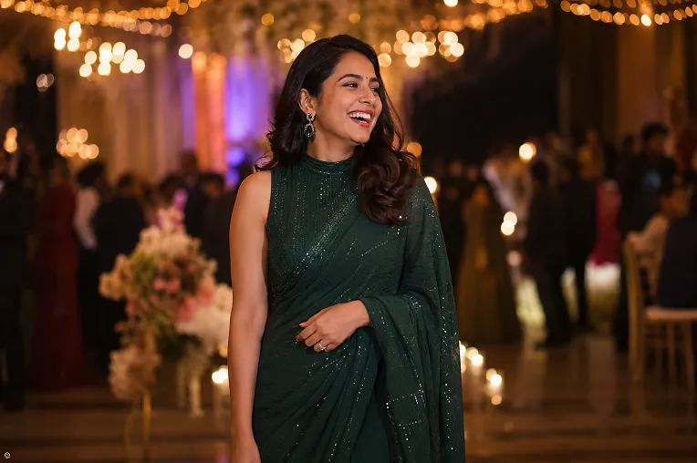Woman in a sequinned wedding reception guest outfit standing during an evening celebration
