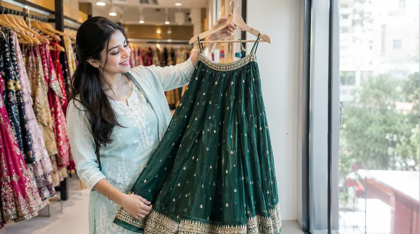 Woman holding an emerald lehenga on a hanger in a showroom while using budget lehenga shopping tips