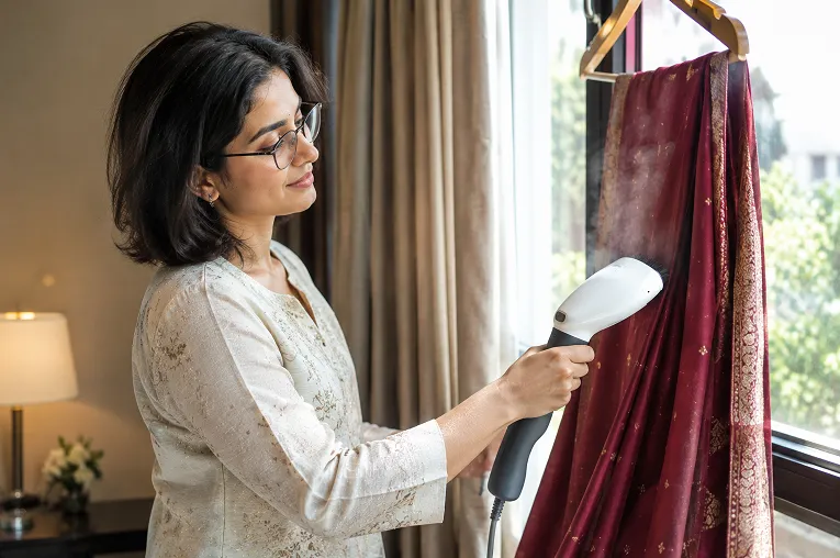 Woman steaming a silk saree by an open window so it can be reworn at a later wedding event