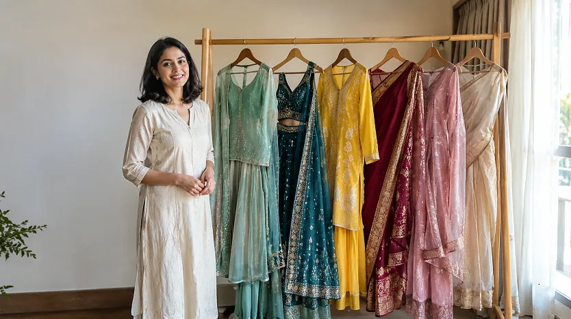 Six wedding outfits hung in event order on a rail, planned with a wedding outfit planning guide